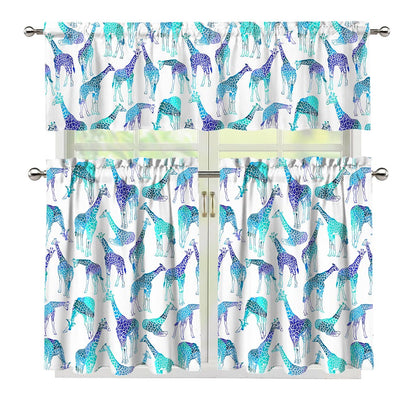 Turquoise Giraffe Pattern Print 3 Piece Kitchen Curtains