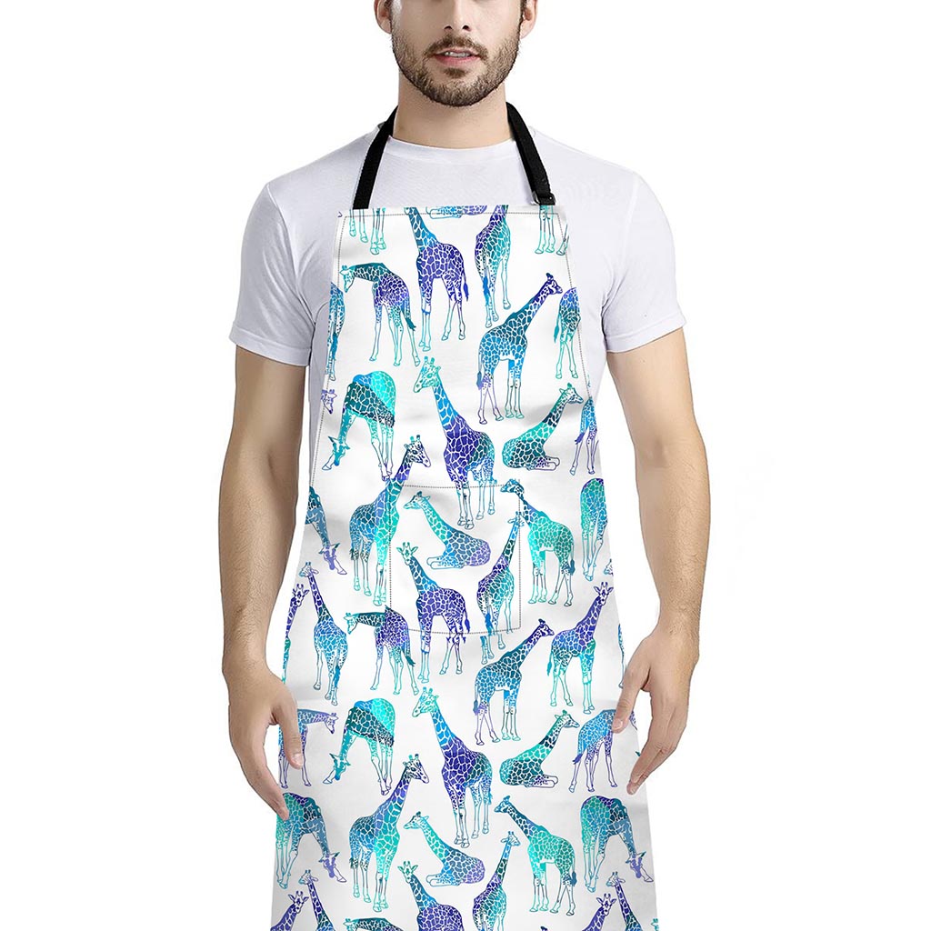 Turquoise Giraffe Pattern Print Bib Apron With Pocket