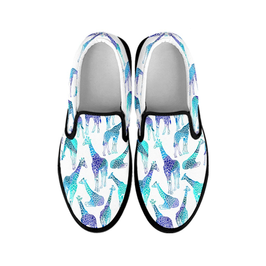 Turquoise Giraffe Pattern Print Black Slip On Sneakers