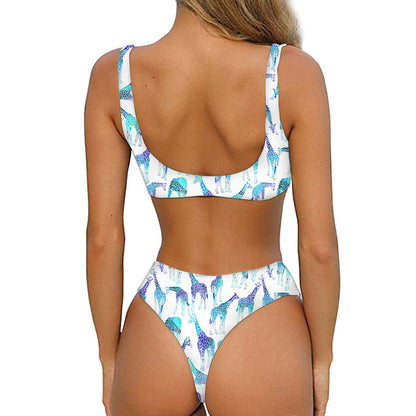 Turquoise Giraffe Pattern Print Front Bow Tie Bikini