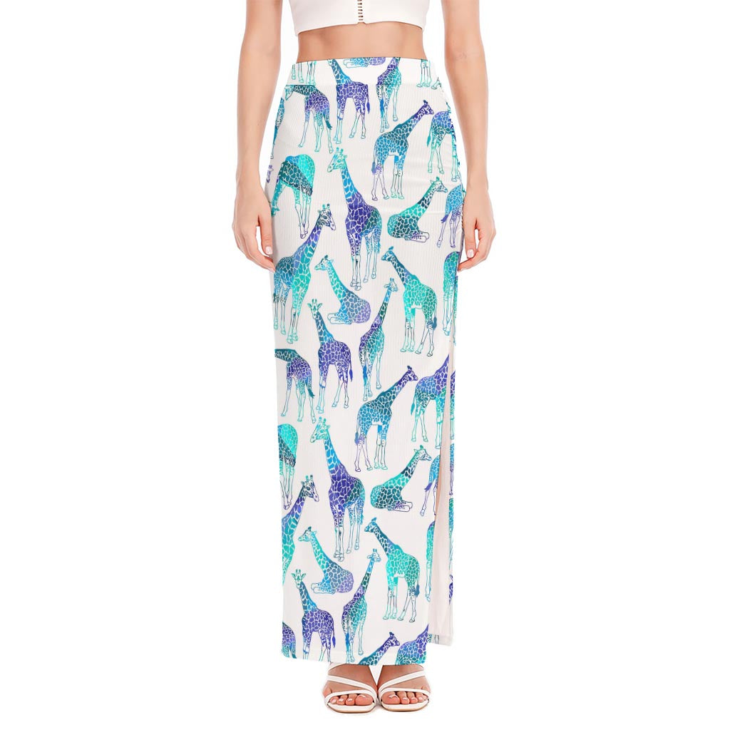 Turquoise Giraffe Pattern Print High Slit Maxi Skirt