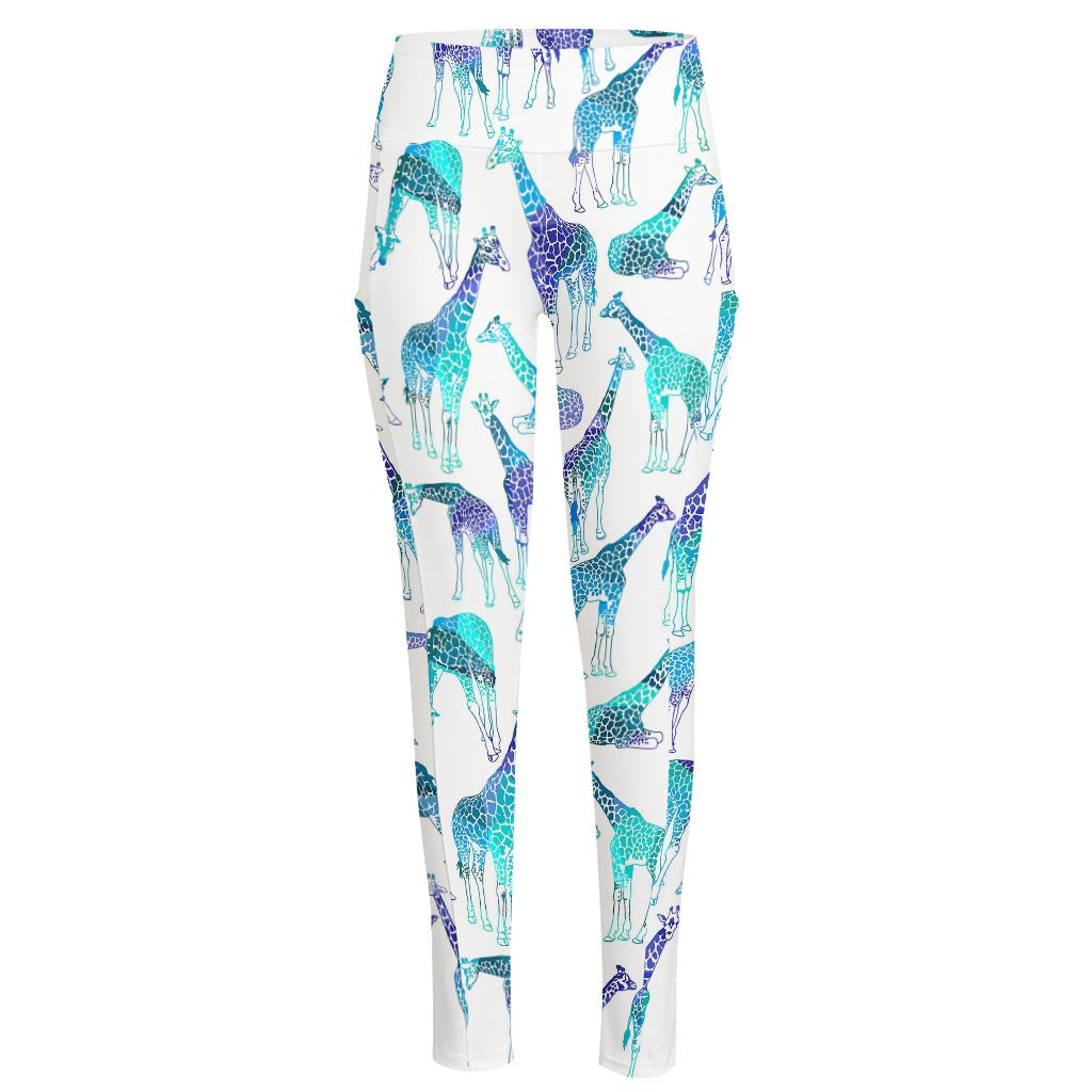 Turquoise Giraffe Pattern Print High-Waisted Pocket Leggings