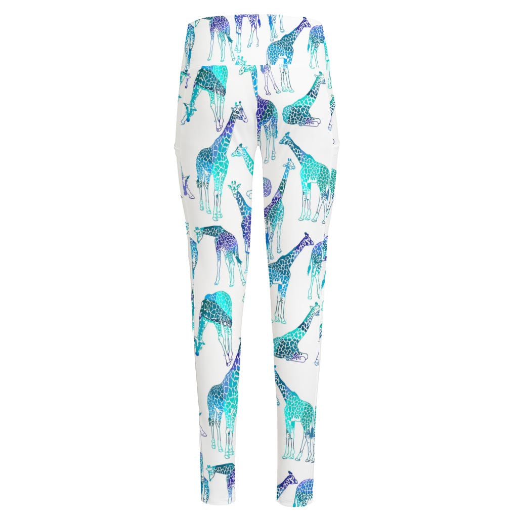 Turquoise Giraffe Pattern Print High-Waisted Pocket Leggings
