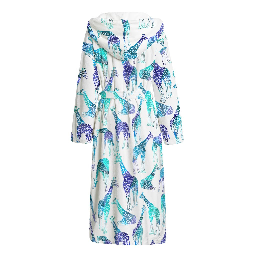 Turquoise Giraffe Pattern Print Hooded Bathrobe