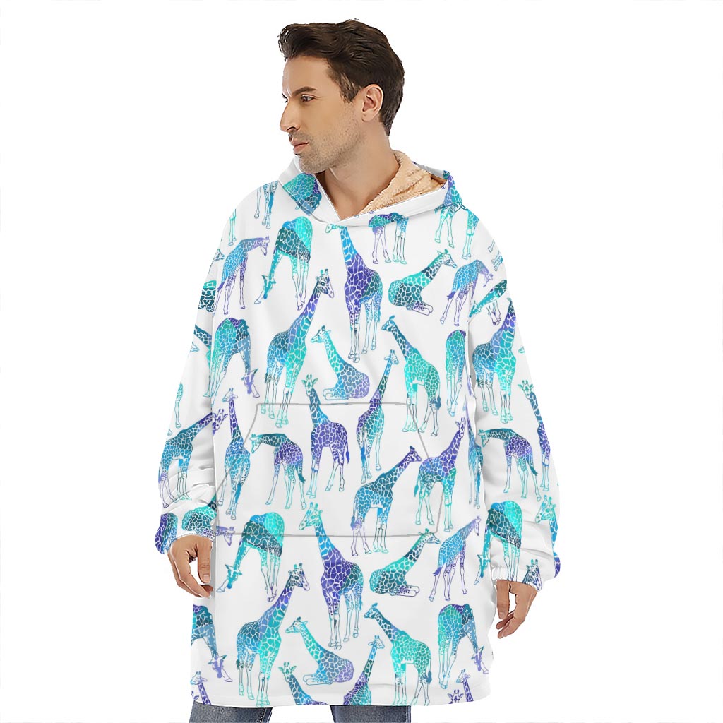 Turquoise Giraffe Pattern Print Hoodie Blanket