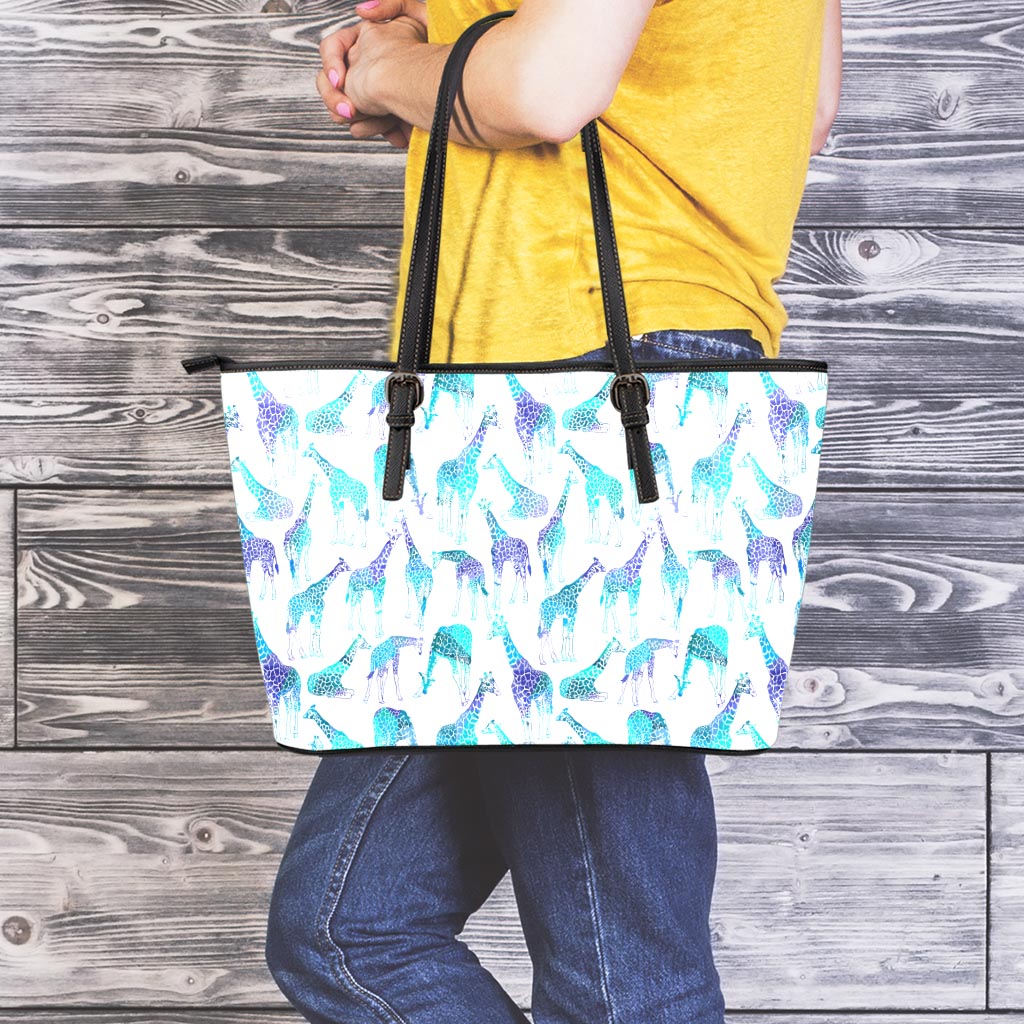 Turquoise Giraffe Pattern Print Leather Tote Bag