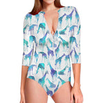 Turquoise Giraffe Pattern Print Long Sleeve Swimsuit