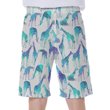 Turquoise Giraffe Pattern Print Men's Beach Shorts