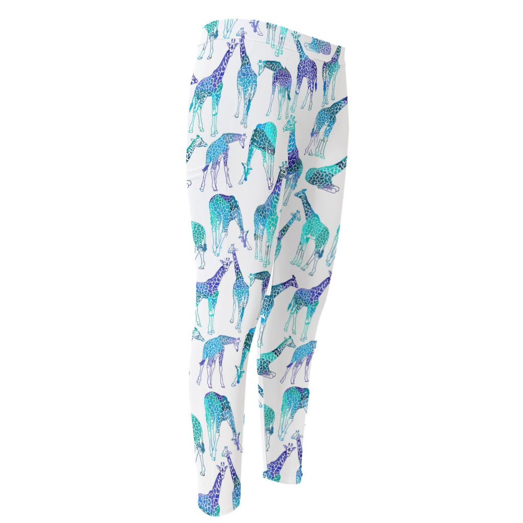 Turquoise Giraffe Pattern Print Men's Compression Pants