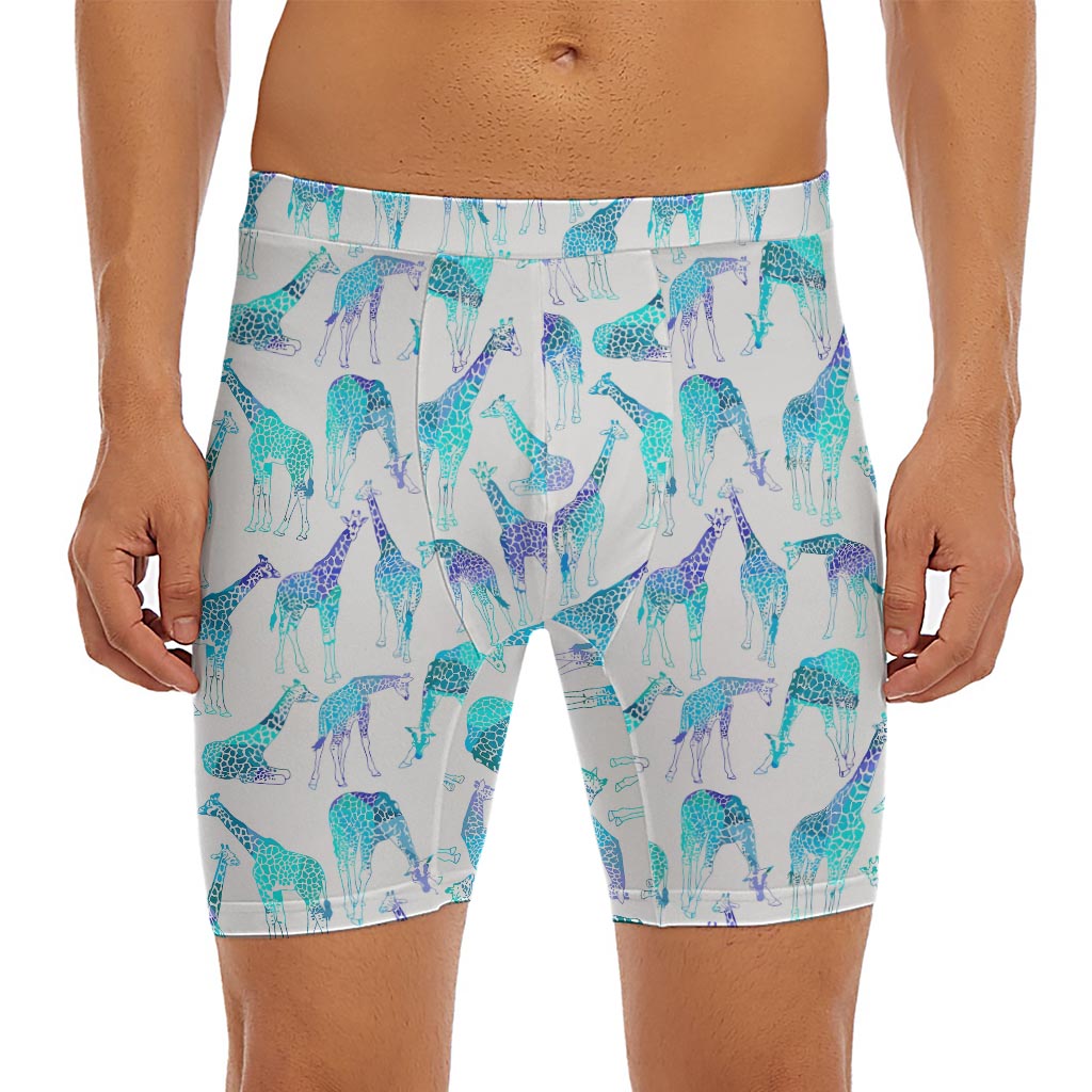 Turquoise Giraffe Pattern Print Men's Long Boxer Briefs