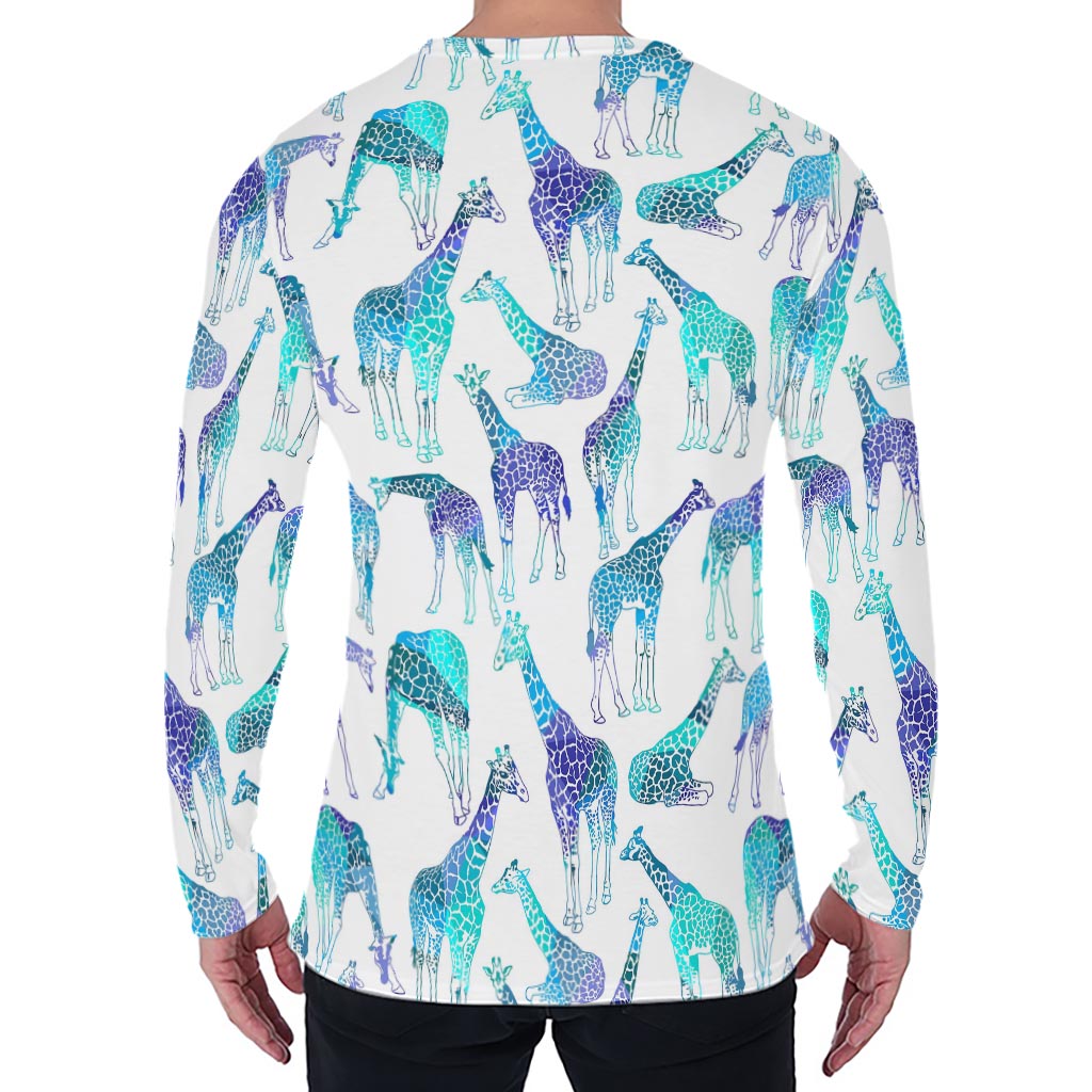 Turquoise Giraffe Pattern Print Men's Long Sleeve T-Shirt