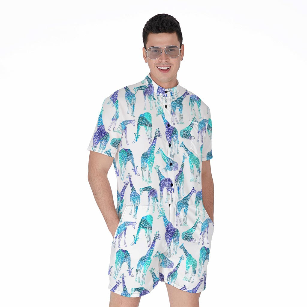 Turquoise Giraffe Pattern Print Men's Rompers