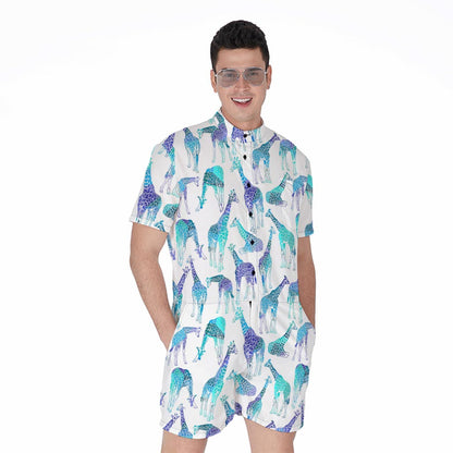 Turquoise Giraffe Pattern Print Men's Rompers