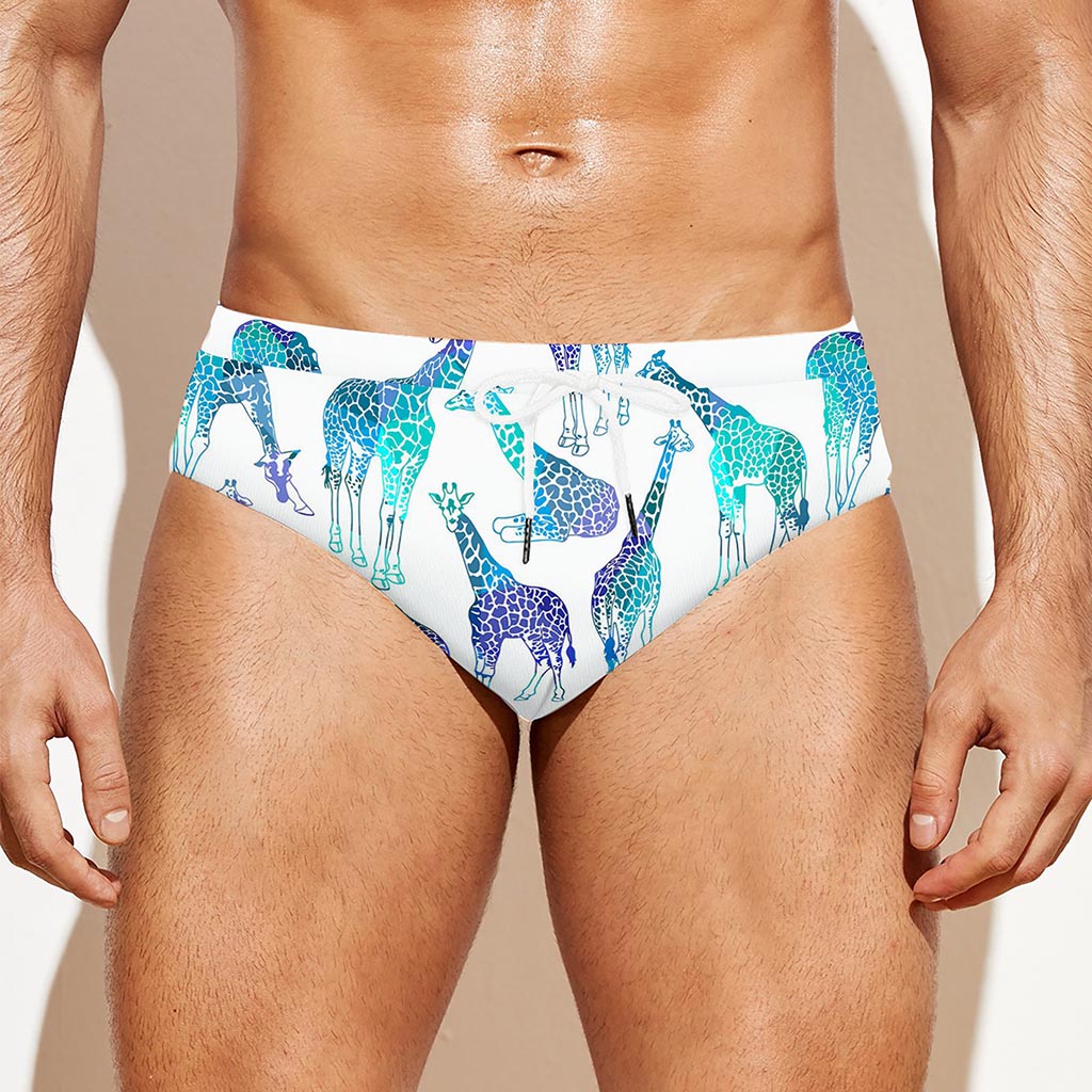 Turquoise Giraffe Pattern Print Men's Swim Briefs