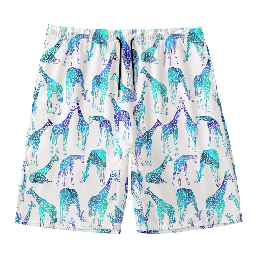 Turquoise Giraffe Pattern Print Men's Swim Trunks