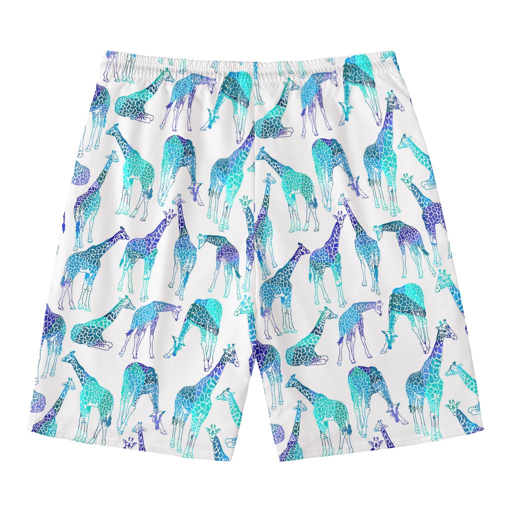 Turquoise Giraffe Pattern Print Men's Swim Trunks