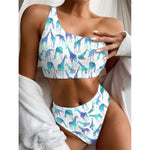 Turquoise Giraffe Pattern Print One Shoulder Bikini Top
