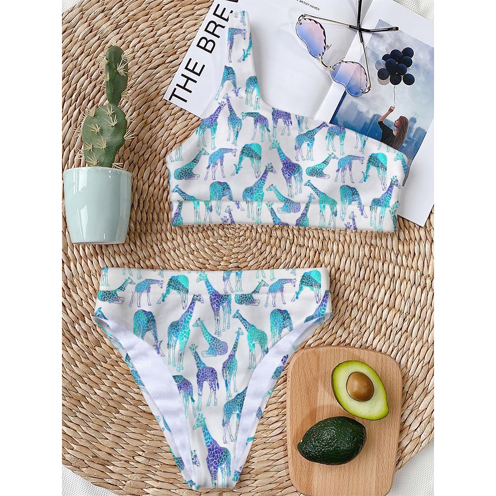Turquoise Giraffe Pattern Print One Shoulder Bikini Top