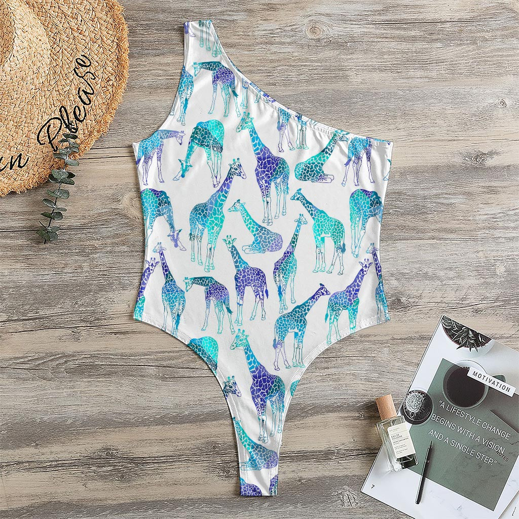 Turquoise Giraffe Pattern Print One Shoulder Bodysuit