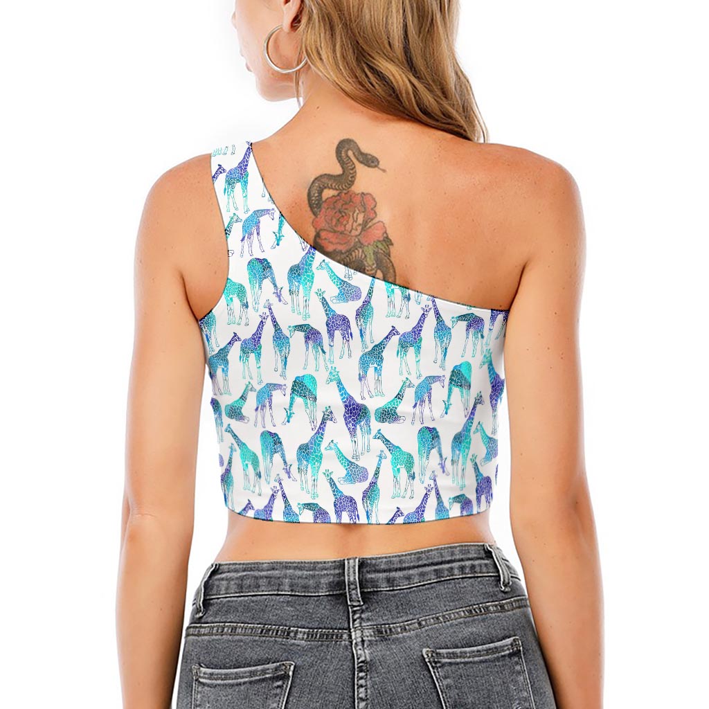 Turquoise Giraffe Pattern Print One Shoulder Crop Top