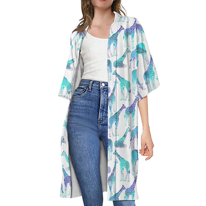 Turquoise Giraffe Pattern Print Open Front Beach Cover Up