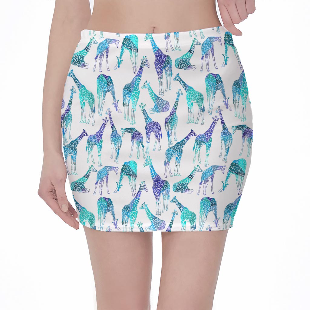 Turquoise Giraffe Pattern Print Pencil Mini Skirt