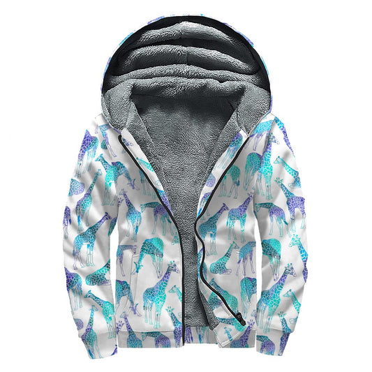 Turquoise Giraffe Pattern Print Sherpa Lined Zip Up Hoodie