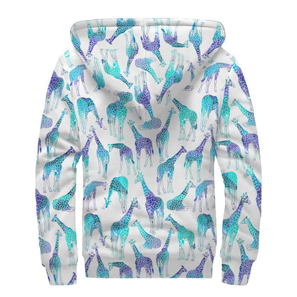 Turquoise Giraffe Pattern Print Sherpa Lined Zip Up Hoodie
