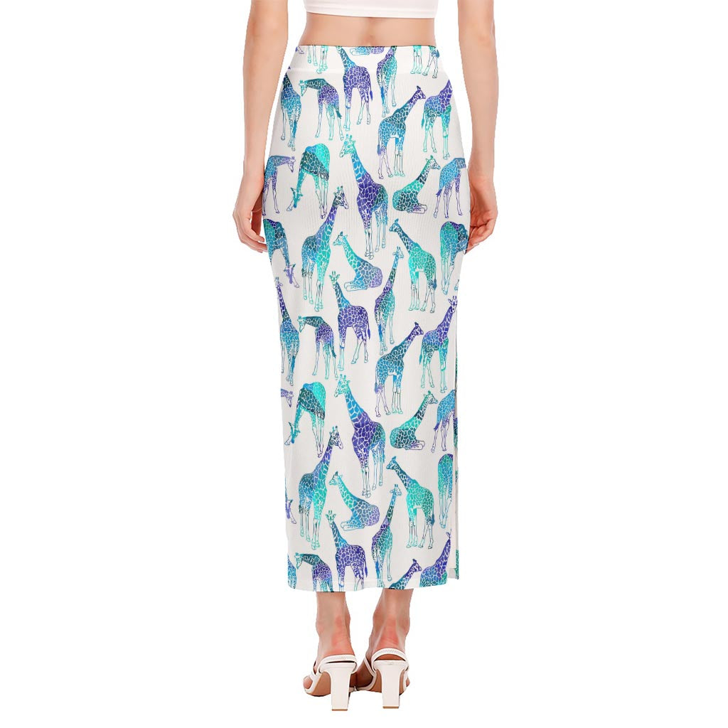 Turquoise Giraffe Pattern Print Side Slit Maxi Skirt