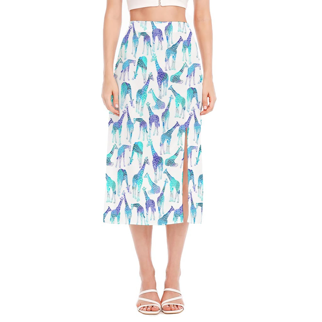 Turquoise Giraffe Pattern Print Side Slit Midi Skirt