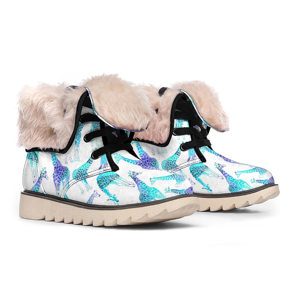 Turquoise Giraffe Pattern Print Winter Boots