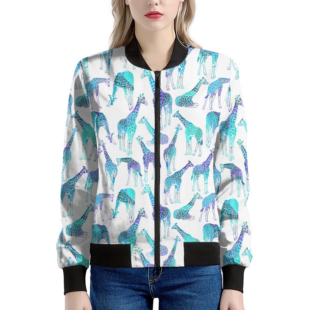 Turquoise Giraffe Pattern Print Women's Bomber Jacket