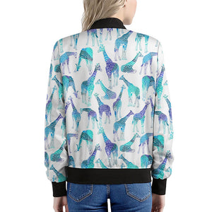 Turquoise Giraffe Pattern Print Women's Bomber Jacket