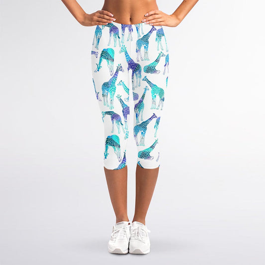 Turquoise Giraffe Pattern Print Women's Capri Leggings