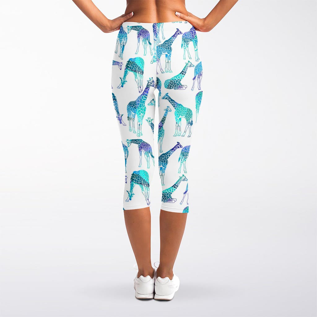 Turquoise Giraffe Pattern Print Women's Capri Leggings