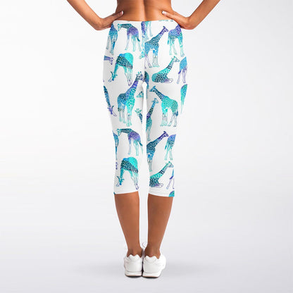 Turquoise Giraffe Pattern Print Women's Capri Leggings