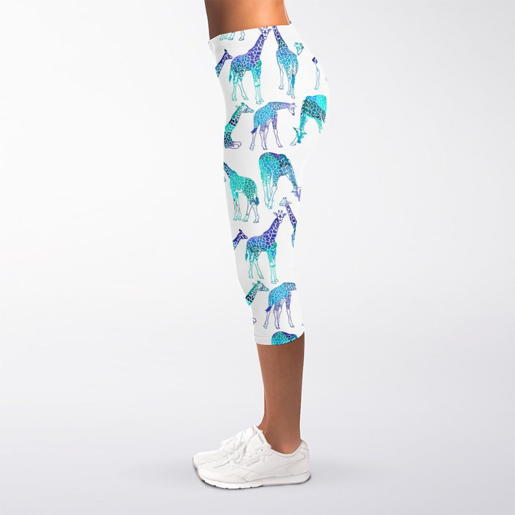 Turquoise Giraffe Pattern Print Women's Capri Leggings
