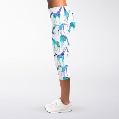 Turquoise Giraffe Pattern Print Women's Capri Leggings