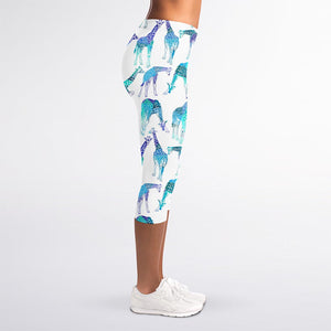 Turquoise Giraffe Pattern Print Women's Capri Leggings