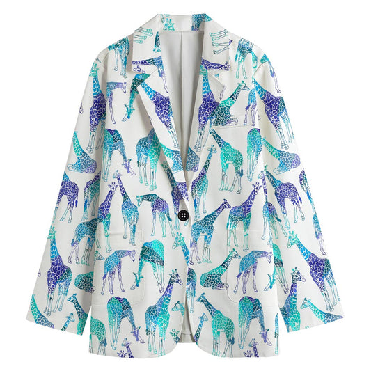 Turquoise Giraffe Pattern Print Women's Cotton Blazer