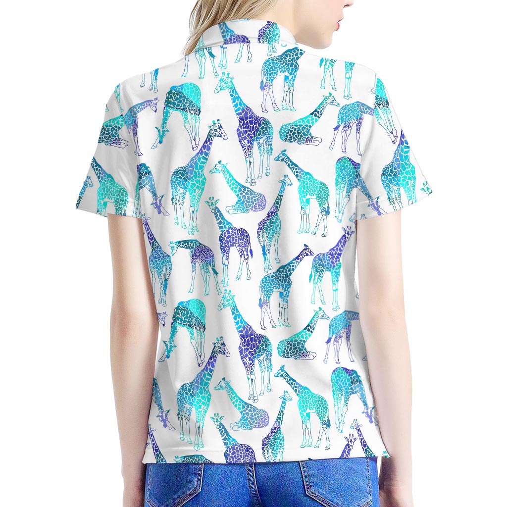 Turquoise Giraffe Pattern Print Women's Polo Shirt