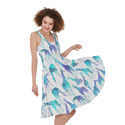 Turquoise Giraffe Pattern Print Women's Sleeveless Dress