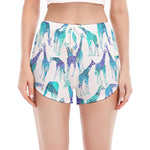 Turquoise Giraffe Pattern Print Women's Split Running Shorts