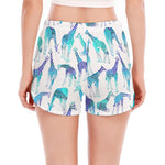 Turquoise Giraffe Pattern Print Women's Split Running Shorts