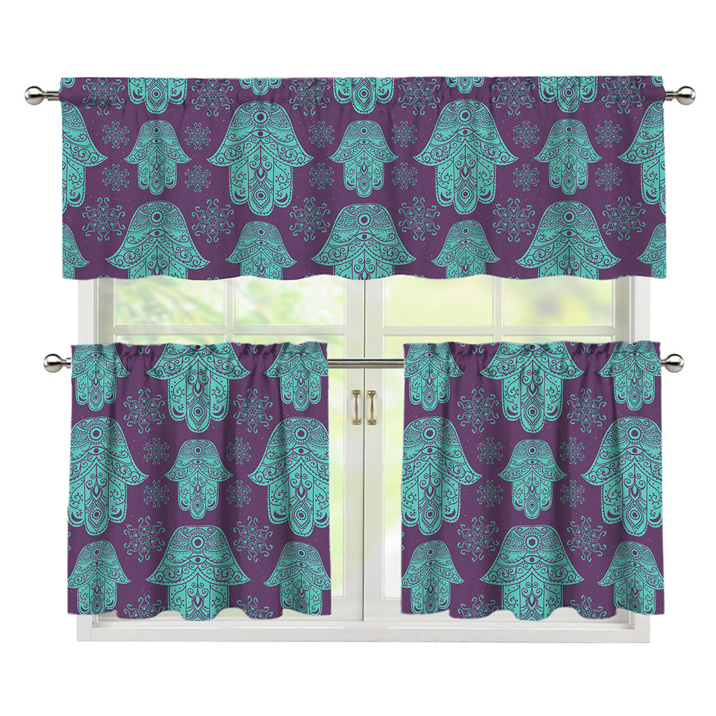 Turquoise Hamsa Pattern Print 3 Piece Kitchen Curtains