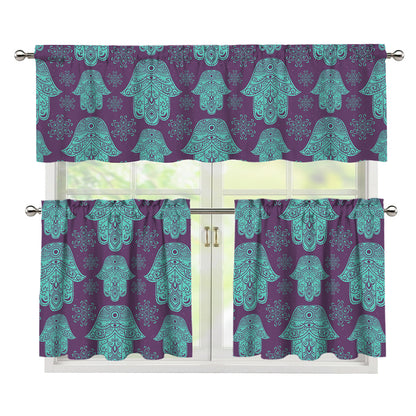 Turquoise Hamsa Pattern Print 3 Piece Kitchen Curtains