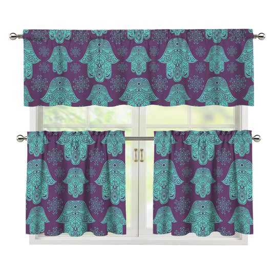Turquoise Hamsa Pattern Print 3 Piece Kitchen Curtains