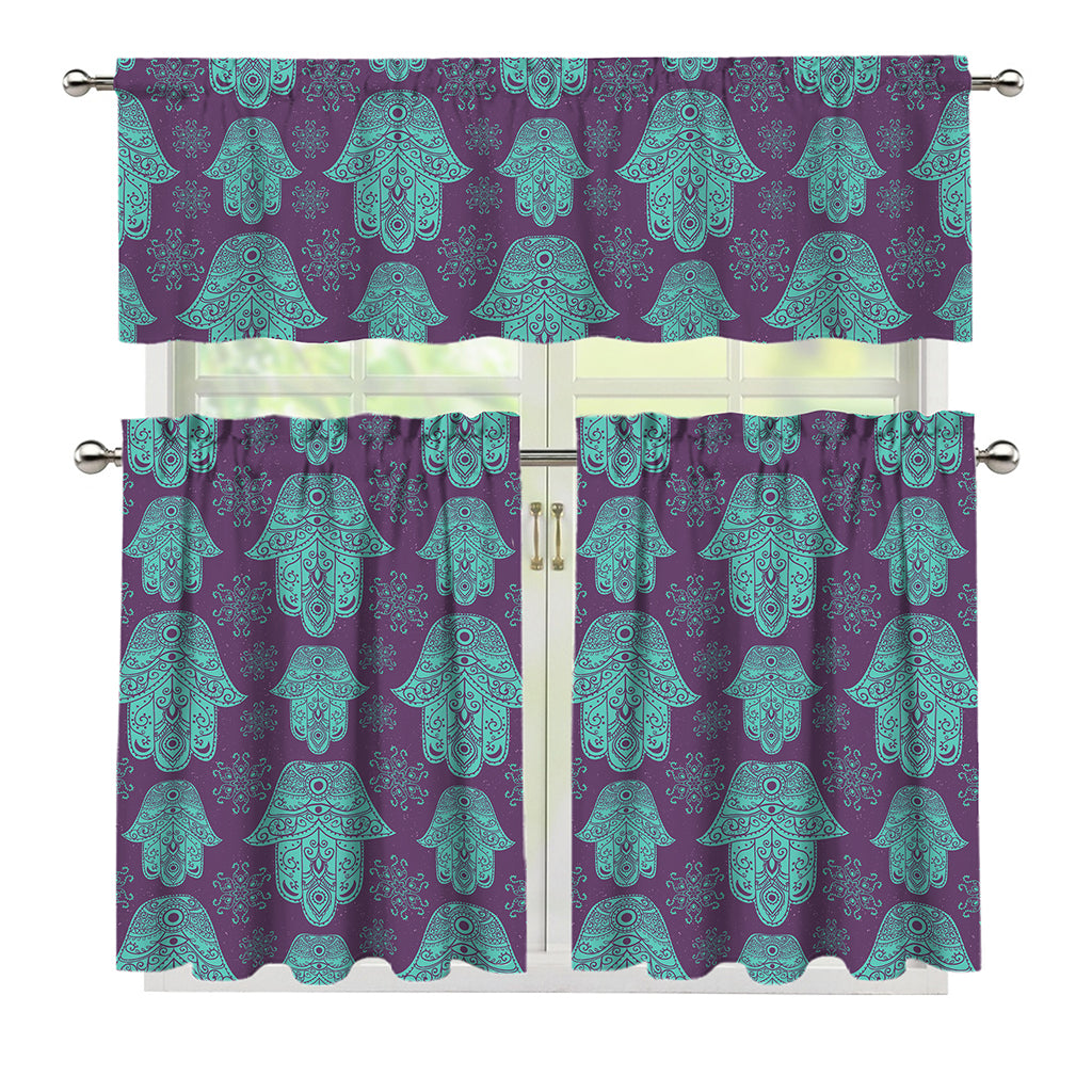 Turquoise Hamsa Pattern Print 3 Piece Kitchen Curtains