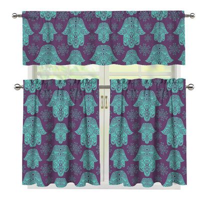 Turquoise Hamsa Pattern Print 3 Piece Kitchen Curtains
