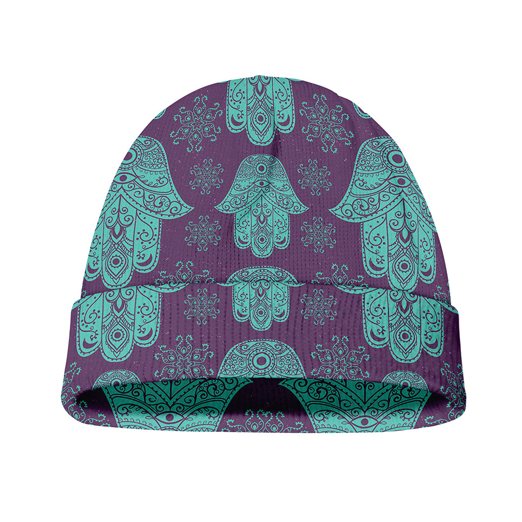 Turquoise Hamsa Pattern Print Beanie